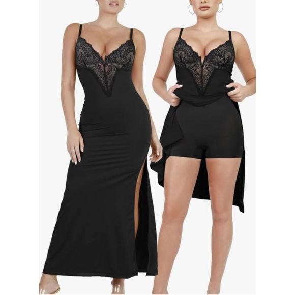 Popilush Womens M Lace Shapewear Dress Satin Drape Slip Split Maxi Dress - Picture 1 of 10
